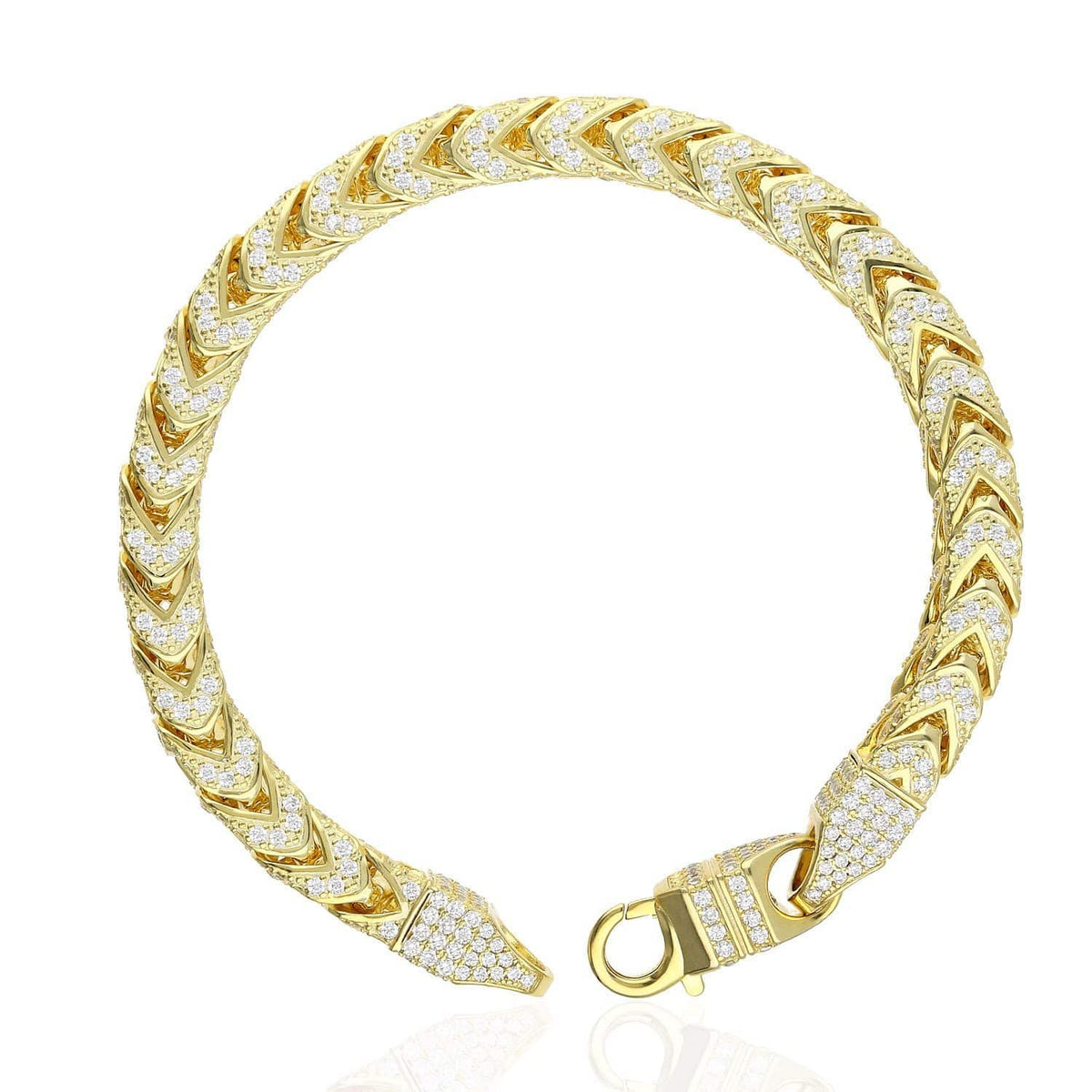 14K Gold Over Sterling Silver Pave Zirconia 7mm Franco Bracelet (Hollow) 8.5"-9"