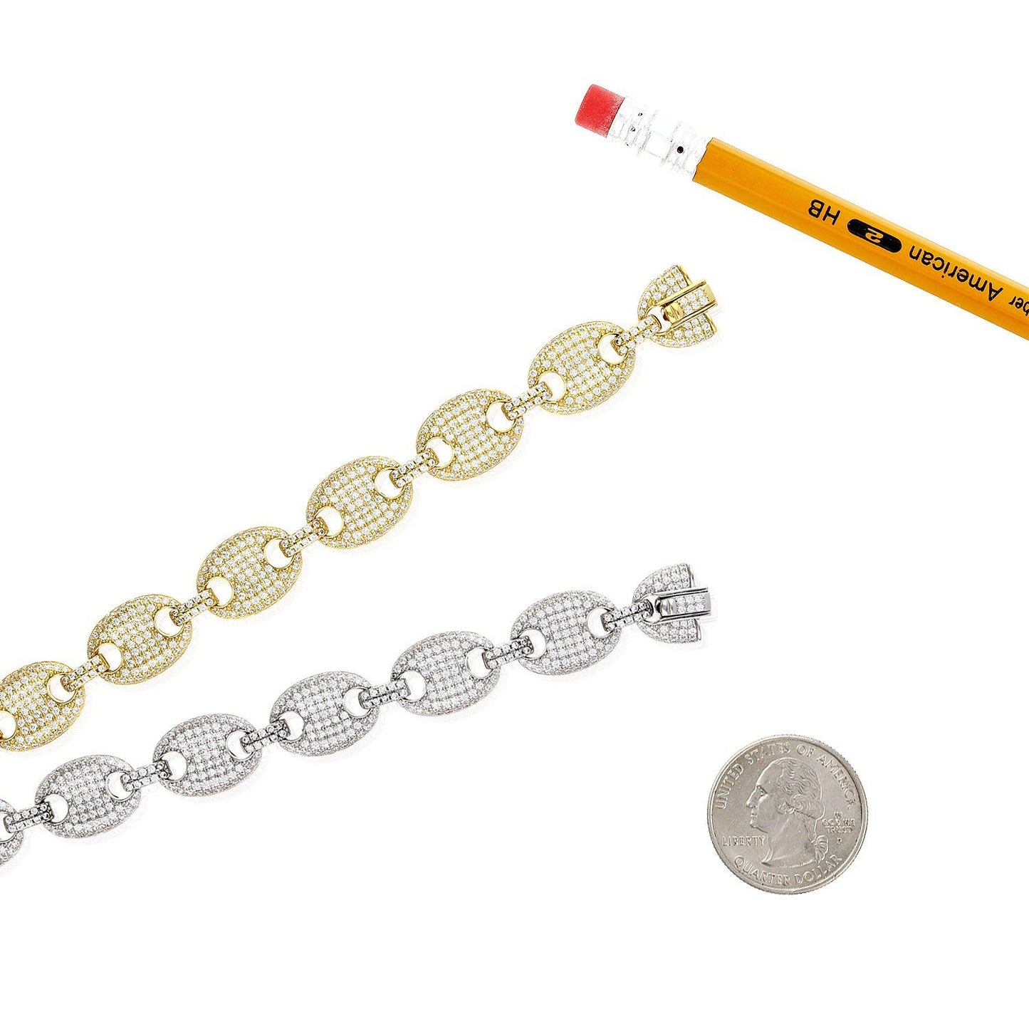 Gold Over 925 Silver Pave Zirconia 12mm Puffed Mariner Anchor  Bracelet