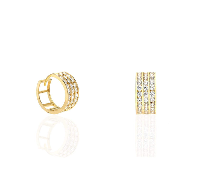 10K Yellow Gold Channel Set 3Row 2Ct CZ Huggie Hoop Earrings 15mm