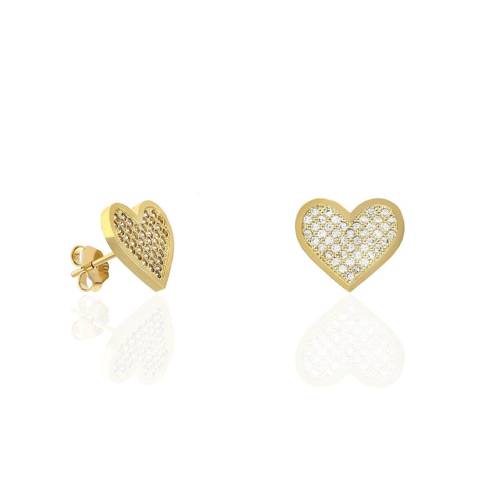 10K Yellow Gold CZ Pave Heart Stud Earrings