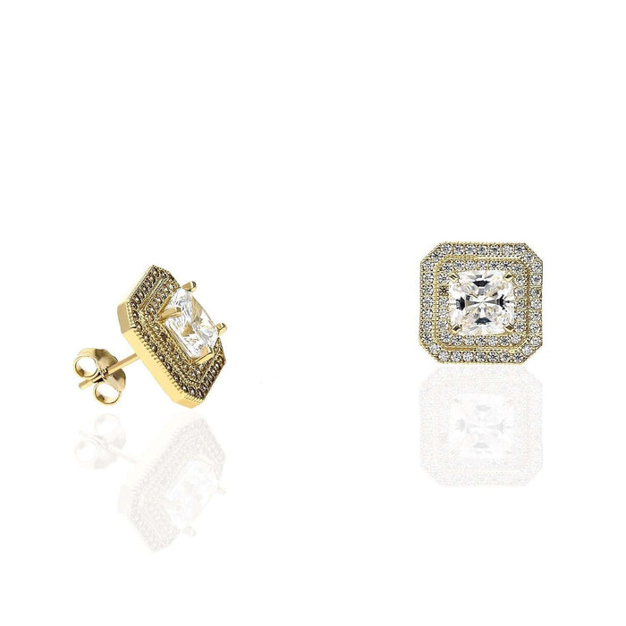 10K Yellow Gold Asscher-Cut CZ Double Square Halo Stud Earrings