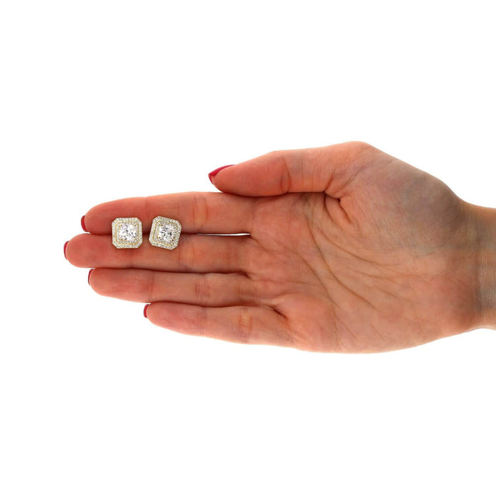 10K Yellow Gold Asscher-Cut CZ Double Square Halo Stud Earrings