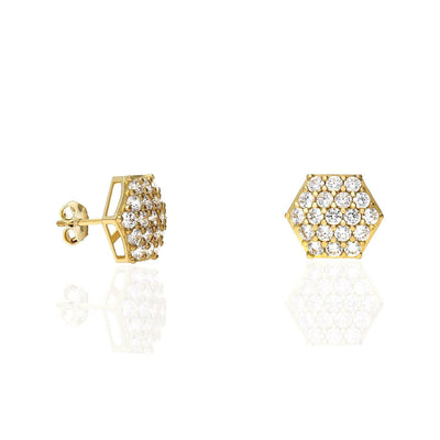 10K Yellow Gold Pave Set 1.25Ct CZ Hexagon Cluster Stud Earrings