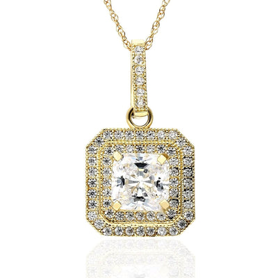 10K Yellow Gold 1.8Ct CZ Asscher Double Halo Pendant 18"