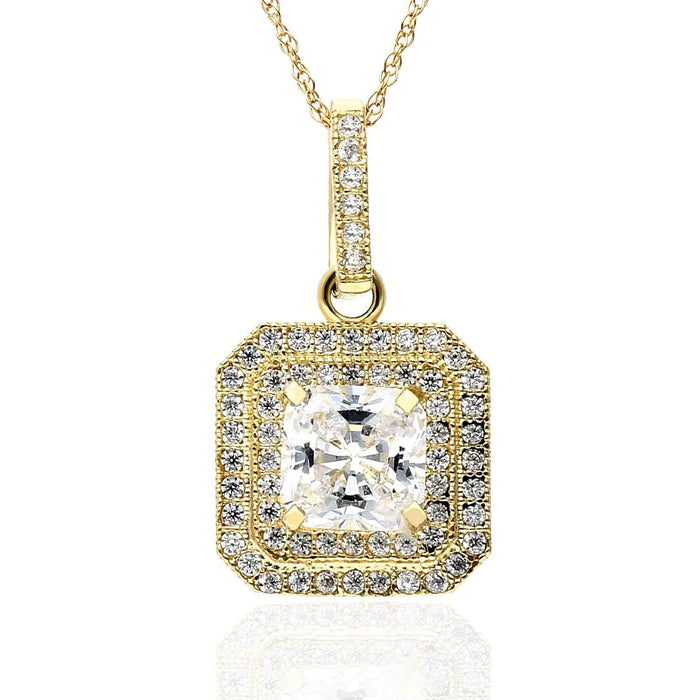 10K Yellow Gold 1.8Ct CZ Asscher Double Halo Pendant 18"