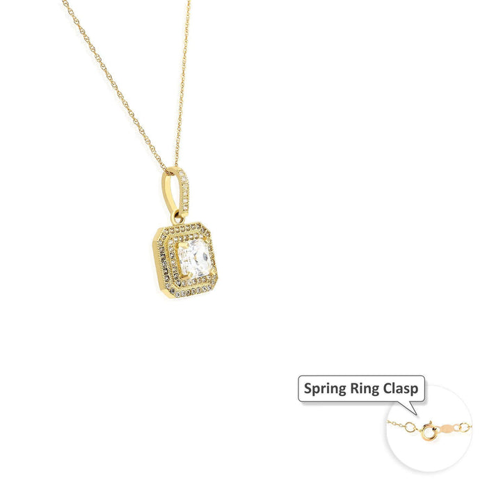 10K Yellow Gold 1.8Ct CZ Asscher Double Halo Pendant 18"