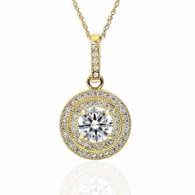10K Yellow Gold Round CZ Double Halo Pendant With Rope Chain 18"