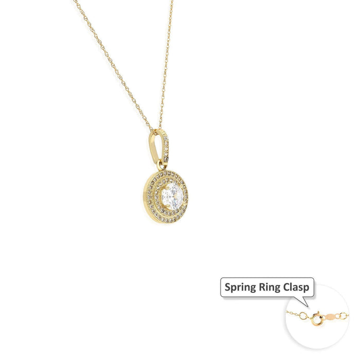 10K Yellow Gold Round CZ Double Halo Pendant With Rope Chain 18"