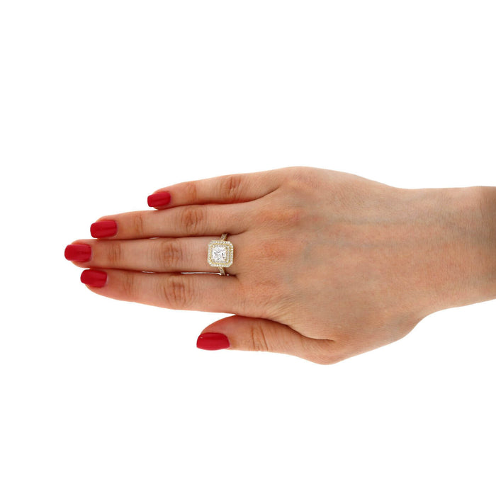 Real 10K Gold 2Ct Asscher CZ Double Halo Engagement Ring