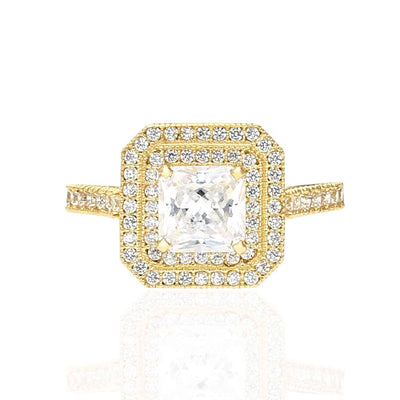 Real 10K Gold 2Ct Asscher CZ Double Halo Engagement Ring