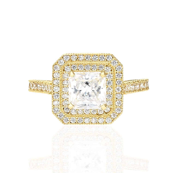 Real 10K Gold 2Ct Asscher CZ Double Halo Engagement Ring