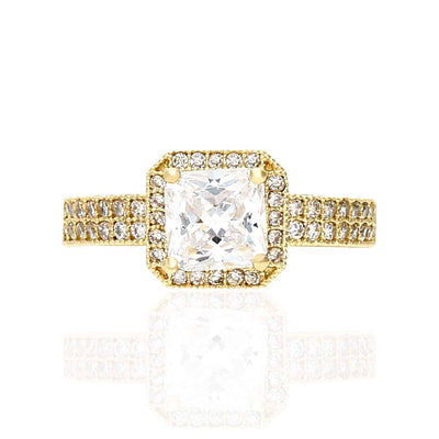2TCW CZ Asscher Shape 10K Gold Yellow 2-Row Halo Engagement Ring