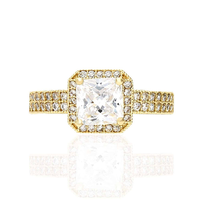 2TCW CZ Asscher Shape 10K Gold Yellow 2-Row Halo Engagement Ring