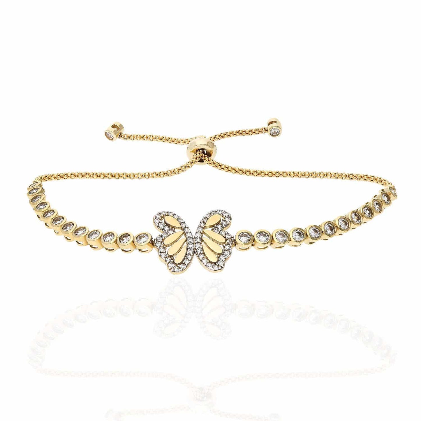10K Yellow Gold Bezel Set CZ Popcorn  Butterfly Adjustable Bolo Bracelet