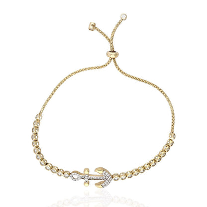 10K Gold Yellow CZ Anchor Charm Adjustable Bolo Bracelet
