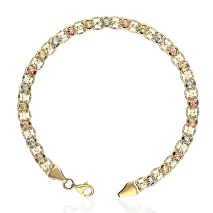 Diamond Cut Ball Beads 5mm Wide Bismark  Bracelet 10K Tri-Color Gold 7.5"