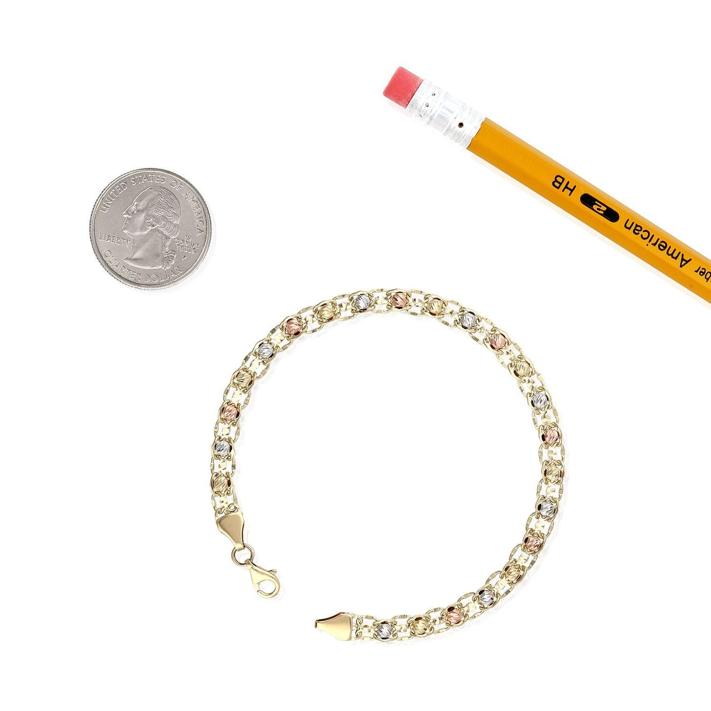 Diamond Cut Ball Beads 5mm Wide Bismark  Bracelet 10K Tri-Color Gold 7.5"