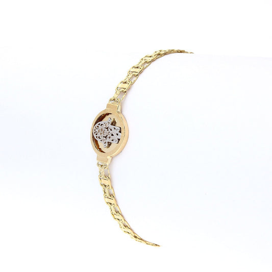 10K Gold Yellow C Z Hamsa Medallion Diamond Cut Bismark  Bracelet 8"