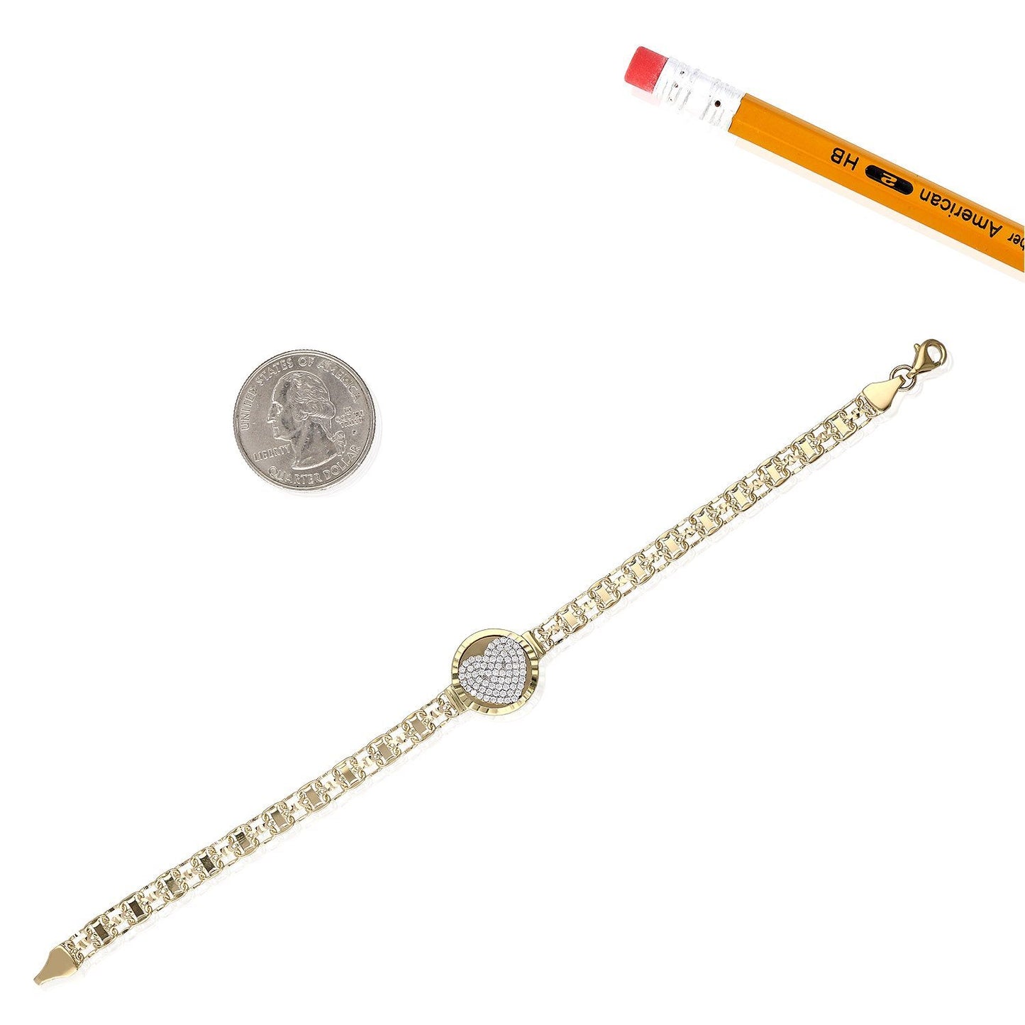 10K Gold Yellow CZ Central Heart Bismark Bracelet 7.5"