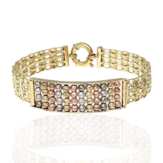 10K Tri-Color Yellow White Rose Gold Diamond Cut Ball Bismark  ID Bracelet