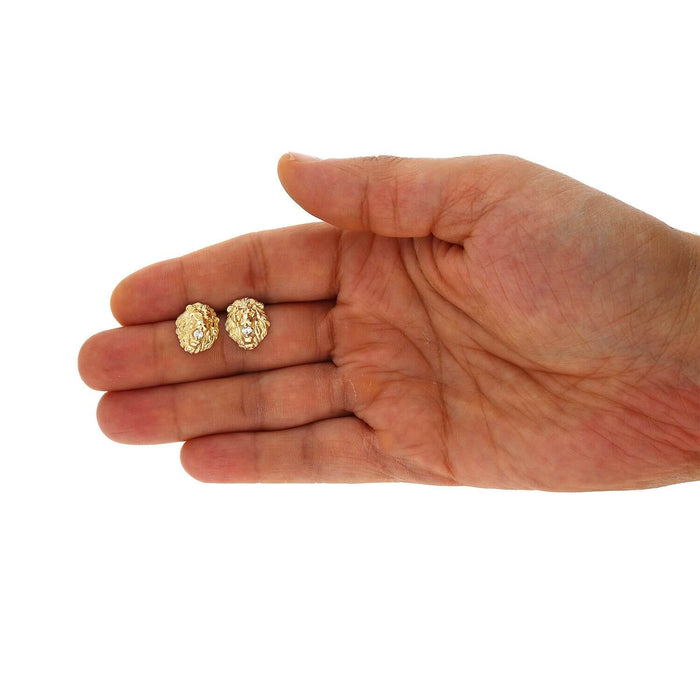 10K Gold Diamond-Cut White Zirconia Lion Head Stud Earrings
