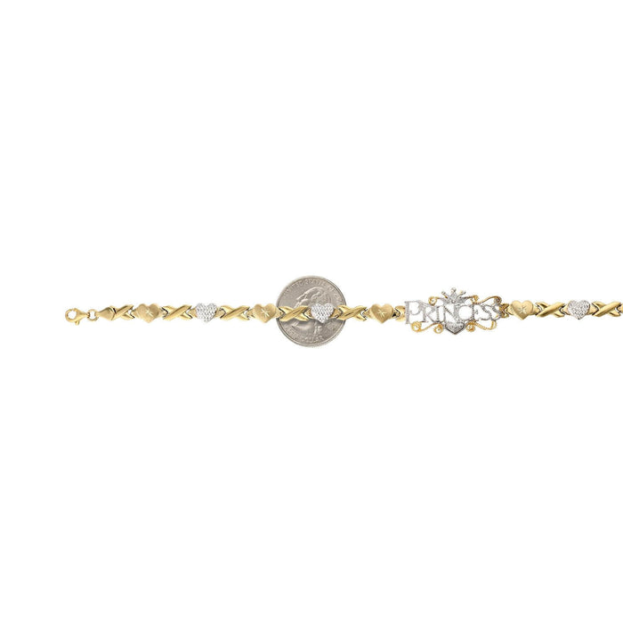 10K Gold Two-Tone Heart & Kisses "PRINCESS" XO Ankle Bracelet (Hollow) 10"