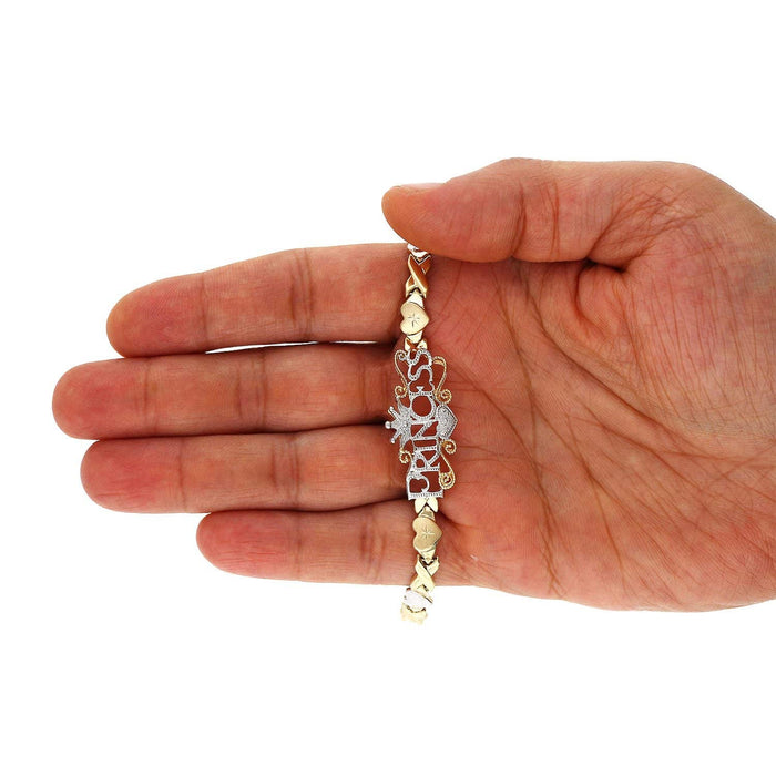 10K Gold Two-Tone Heart & Kisses "PRINCESS" XO Ankle Bracelet (Hollow) 10"