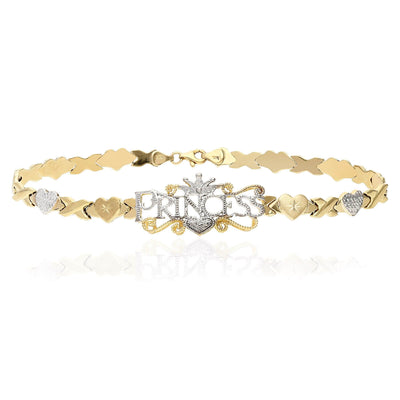 10K Gold Two-Tone Heart & Kisses "PRINCESS" XO Ankle Bracelet (Hollow) 10"