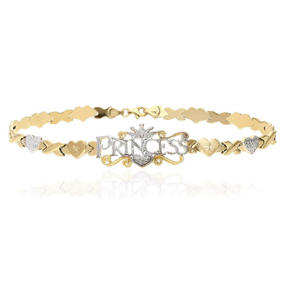 10K Gold Two-Tone Heart & Kisses "PRINCESS" XO Ankle Bracelet 10"