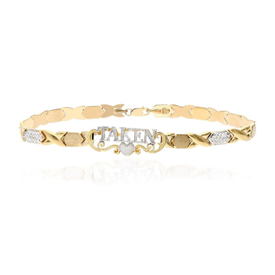 10K Yellow White Gold Stampato XO "TAKEN" Nameplate Anklet (Hollow) 10"