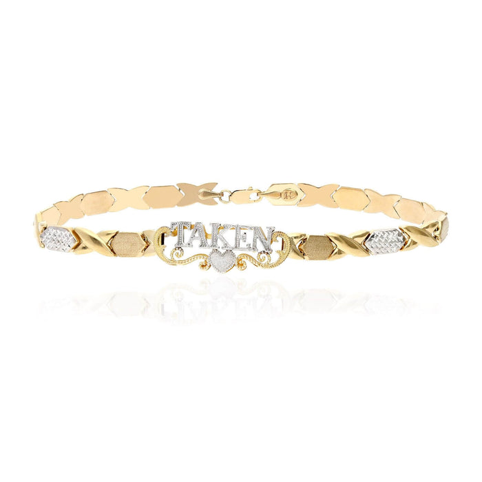 10K Yellow White Gold Stampato XO "TAKEN" Nameplate Anklet (Hollow) 10"