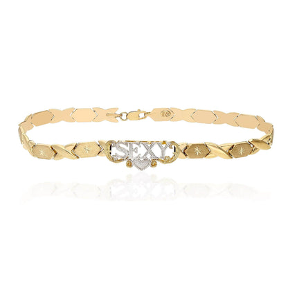 10K Yellow Gold Diamond-Cut Stampato "SEXY" XO Anklet Bracelet 10"