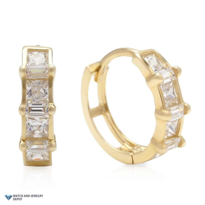 1.5Ct CZ Princess Baguette 14K Yellow Gold Huggie Earrings 0.5"