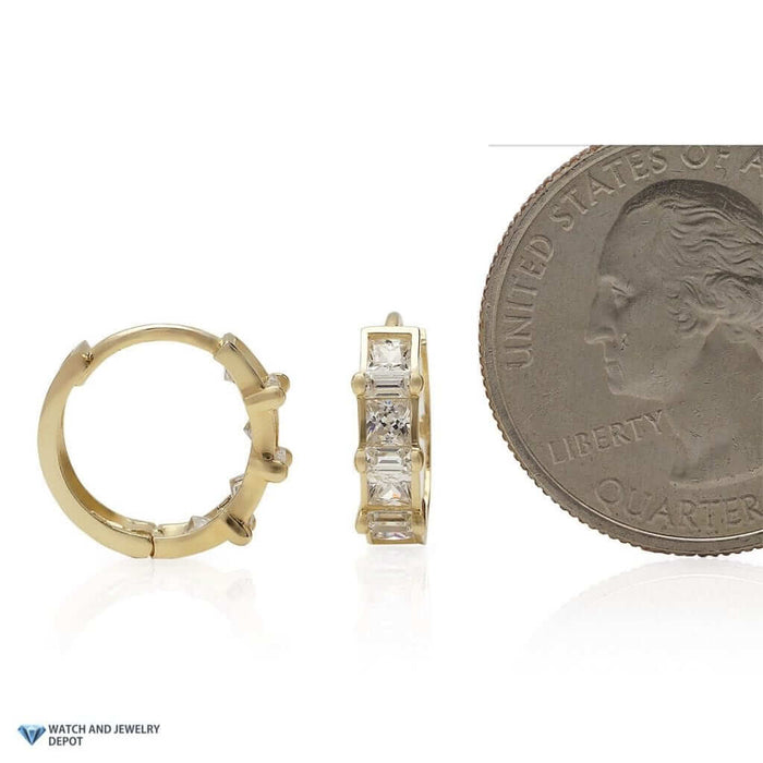 1.5Ct CZ Princess Baguette 14K Yellow Gold Huggie Earrings 0.5"