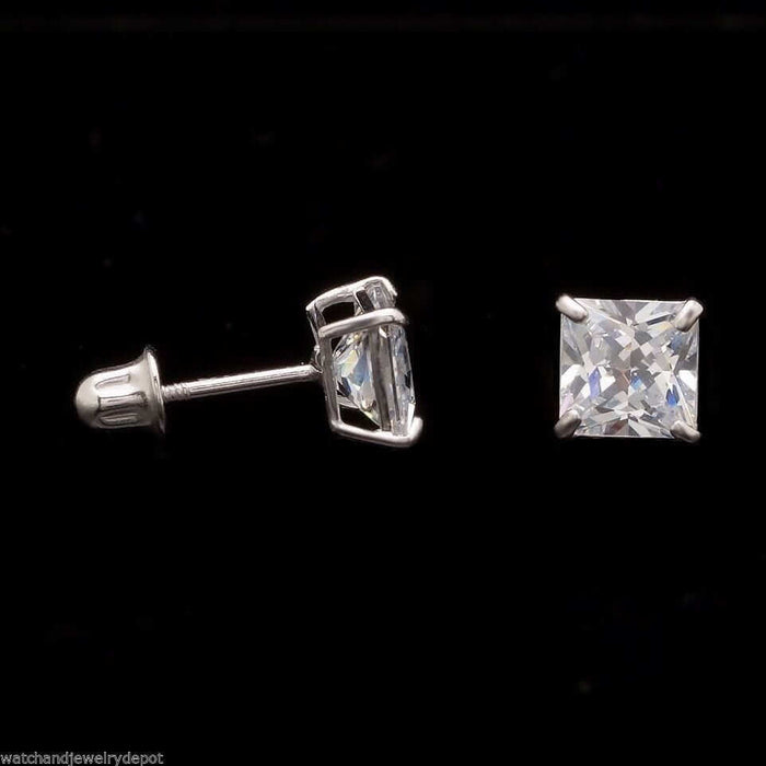 1.5Ct CZ Princess 14K White Gold Solitaire Square Stud Earrings