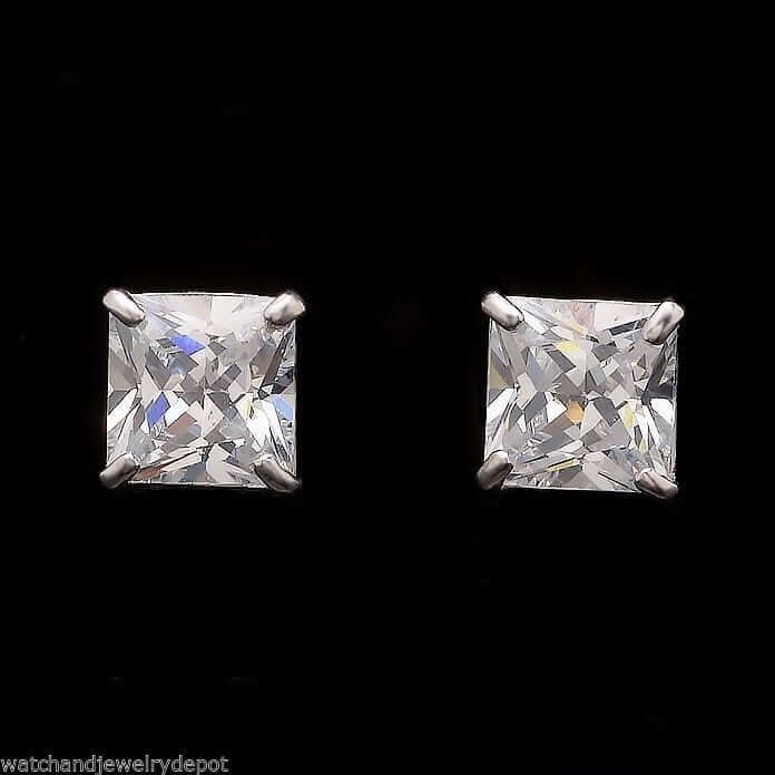 1.5Ct CZ Princess 14K White Gold Solitaire Square Stud Earrings