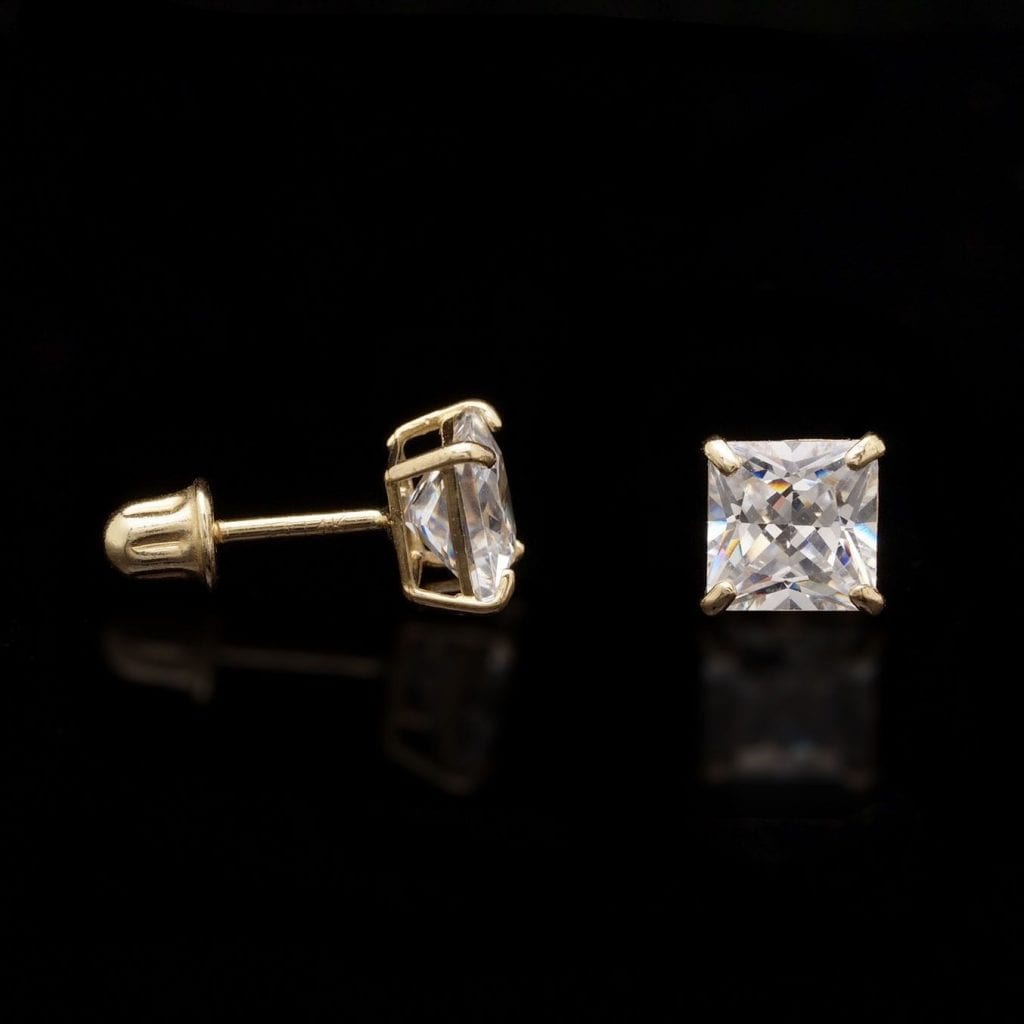 1.5Ct CZ Princess Cut 14K Yellow Gold Stud Earrings 5mm