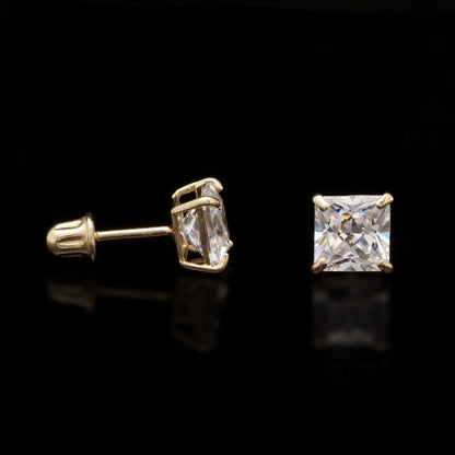 1.5Ct CZ Princess Cut 14K Yellow Gold Stud Earrings 5mm