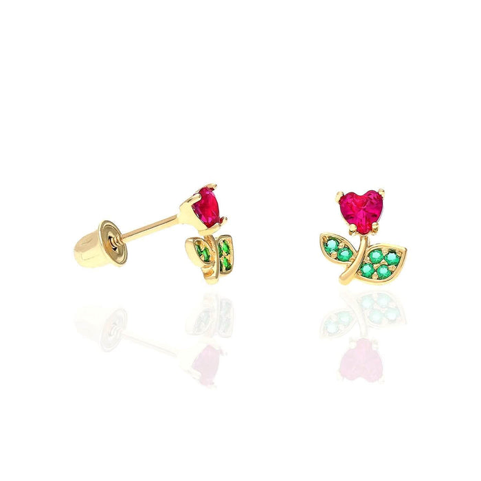 Ruby And Emerald Tulip Flower Screw Back Stud Earrings 14K Yellow Gold