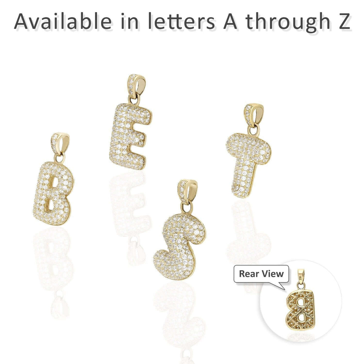 Solid 10K Yellow Gold Micro Pave Set CZ Bubble Initial Pendant A-Z