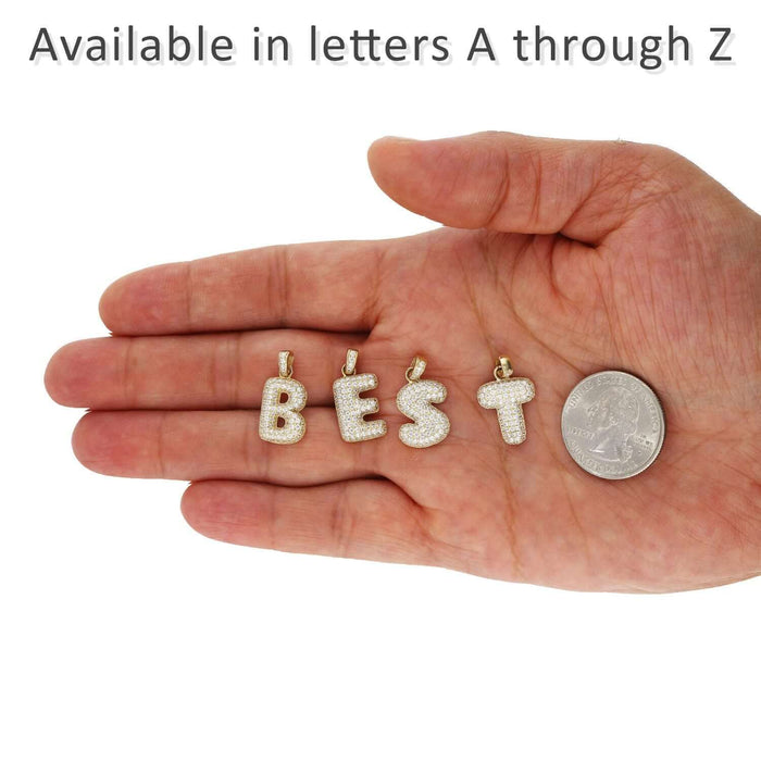 Solid 10K Yellow Gold Micro Pave Set CZ Bubble Initial Pendant A-Z