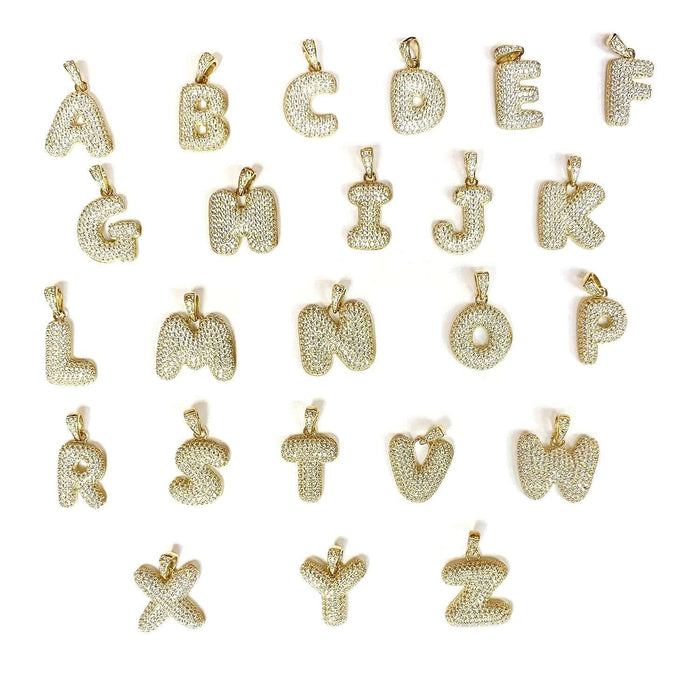 10k Yellow Gold Micro Pave Set CZ Bubble Large Initial Pendant A-Z