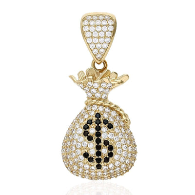 10K Yellow Gold Encrusted With White & Black Zirconia Dollar Cash Bag Pendant