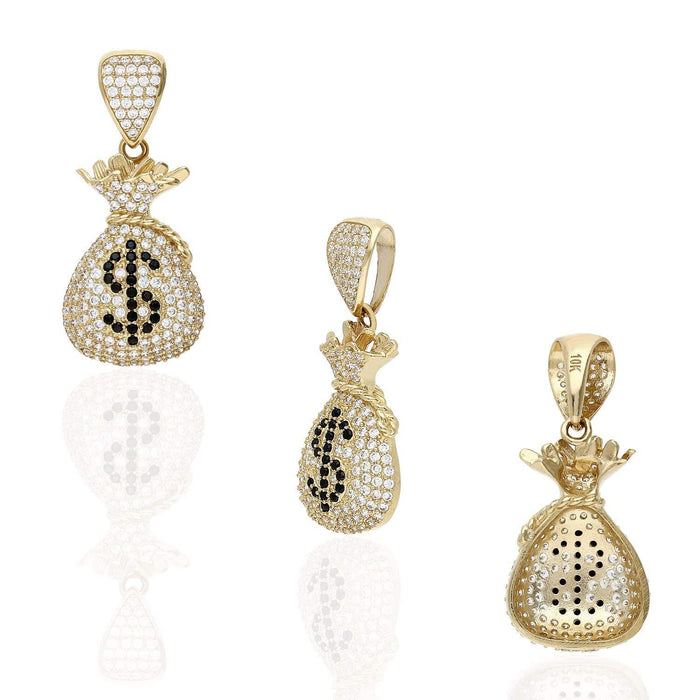10K Yellow Gold Encrusted With White & Black Zirconia Dollar Cash Bag Pendant