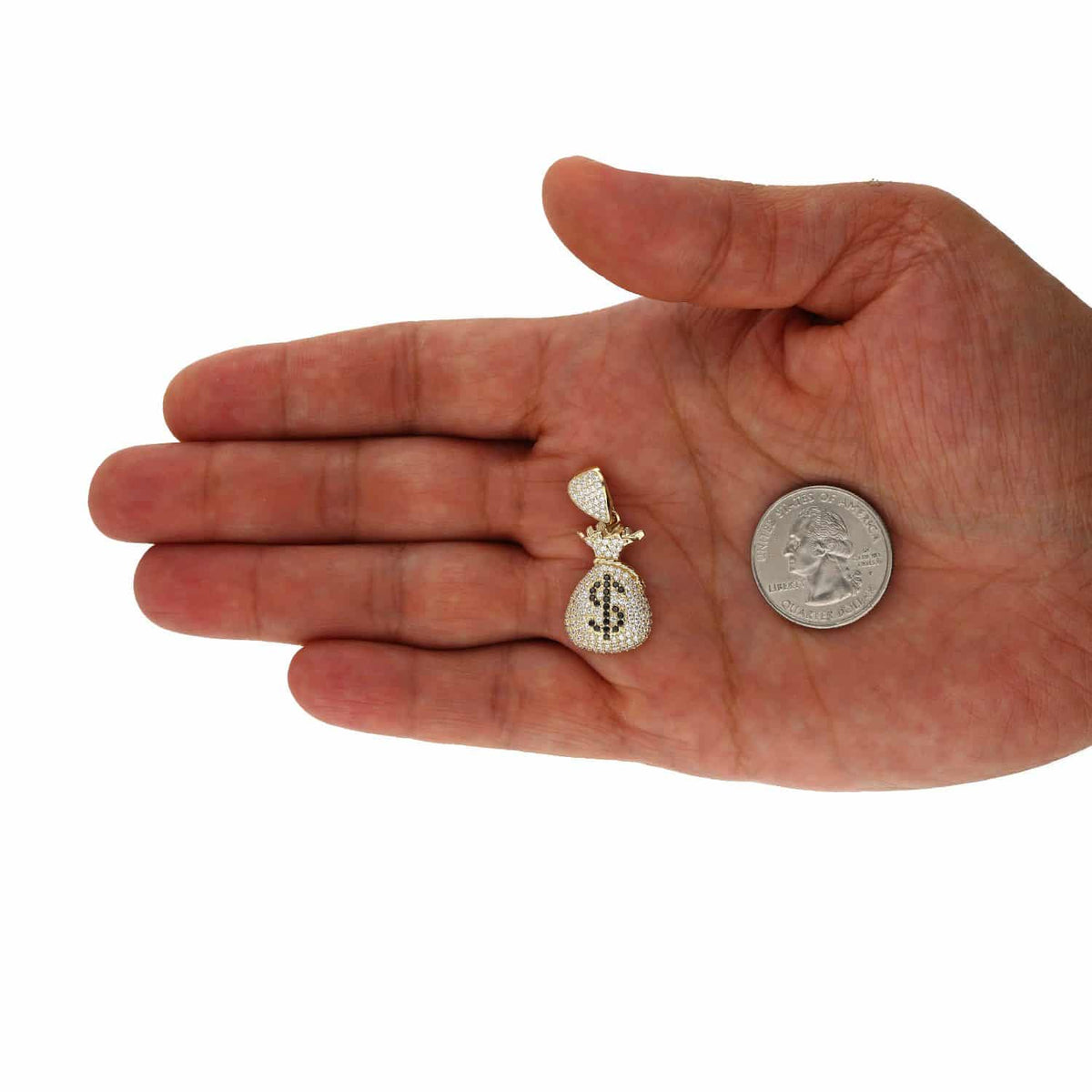 10K Yellow Gold Encrusted With White & Black Zirconia Dollar Cash Bag Pendant