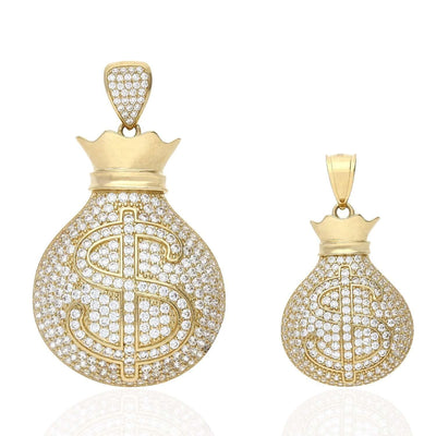 10K Yellow Gold CZ Pave Out Cash Money Bag Pendant