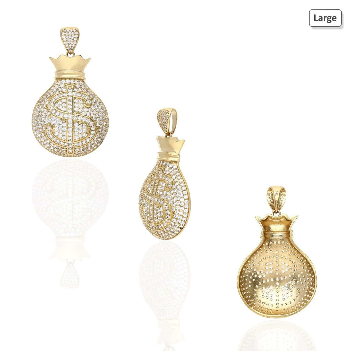 10K Yellow Gold CZ Pave Out Cash Money Bag Pendant