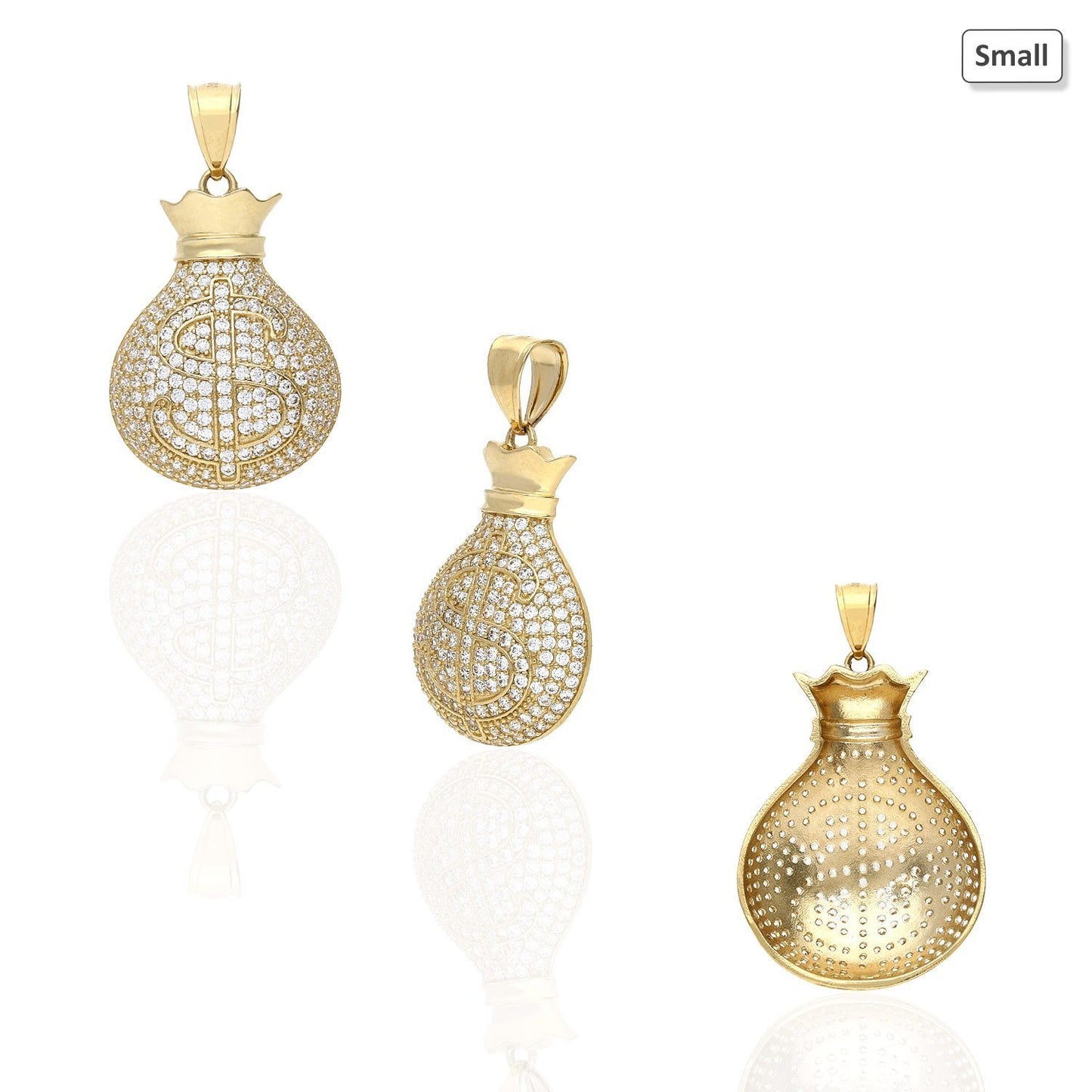10K Yellow Gold CZ Pave Out Cash Money Bag Pendant