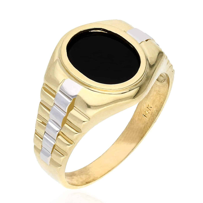 10K Gold Two Tone Yellow White Oval Black Onyx Jubilee Signet Ring