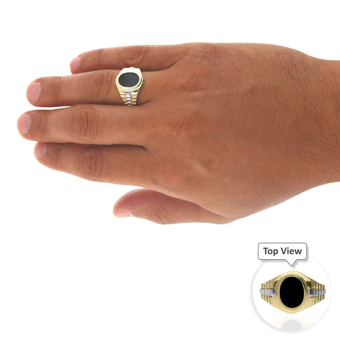 10K Gold Two Tone Yellow White Oval Black Onyx Jubilee Signet Ring